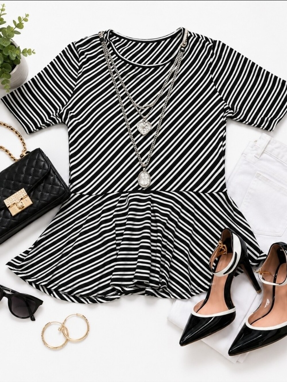 Apt 9 | Black & White Striped Peplum Blouse | PXL | Chic Flowy Classic